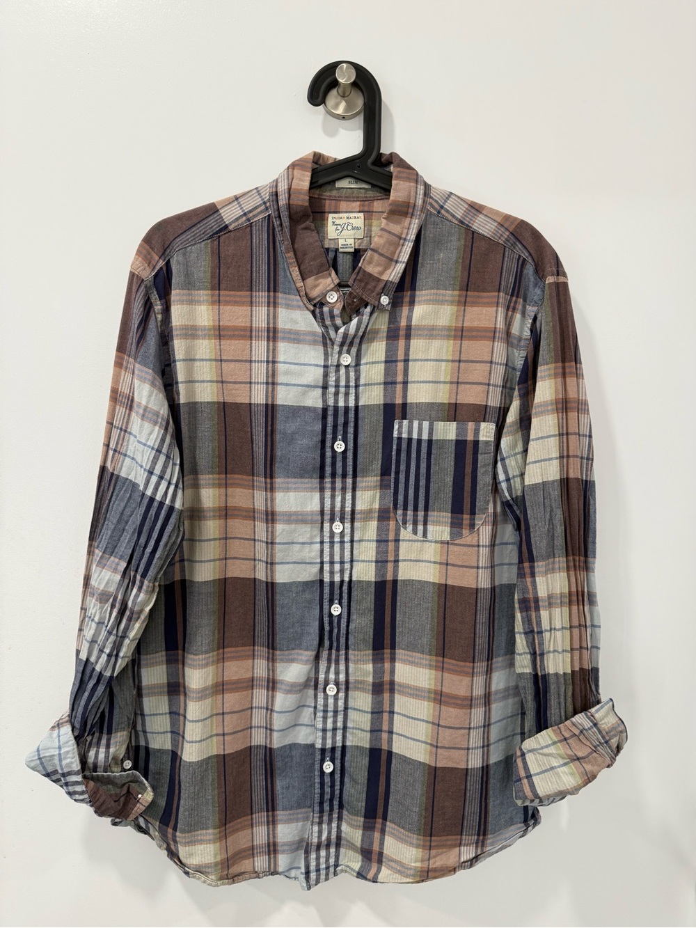 J. Crew Plaid Button-Down Shirt in Brown, Navy, and Cream